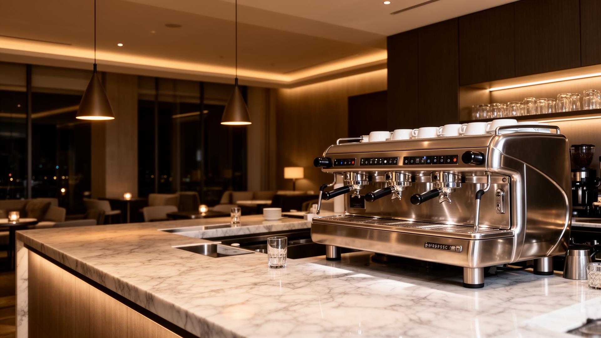 Upscale commercial espresso bar in luxury hospitality environment